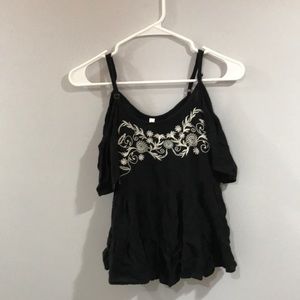 green and embroidered shoulder less dress shirt